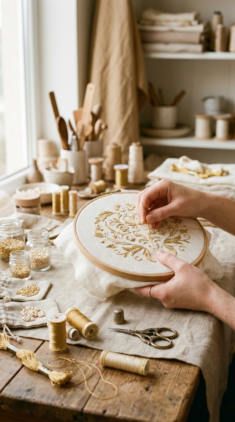 Women artisans embroidering in the atelier
